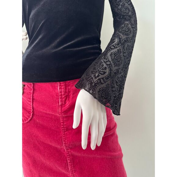 Vintage Y2k Black Velvet Top with Sheer Sleeves Collared V-Neck Long Sleeve XS - Picture 6 of 6